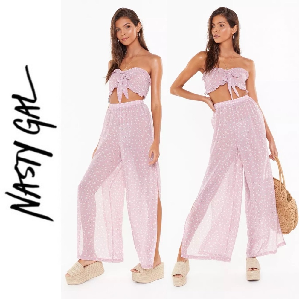 Mauve Floral Bandeau and Split Beach Pants Coord Set